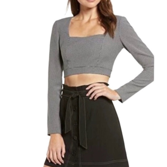 WAYF Houndstooth Black White Checkered Long Sleeve Crop Top Back Zip Size Small - Picture 1 of 11